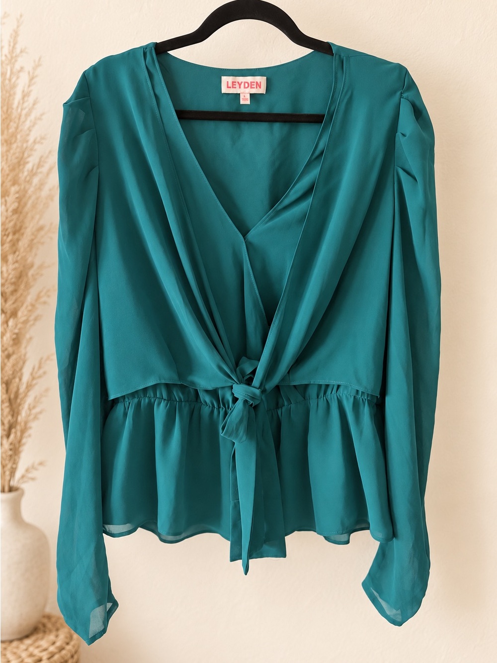 Leyden Teal Tie-Front Peplum Blouse